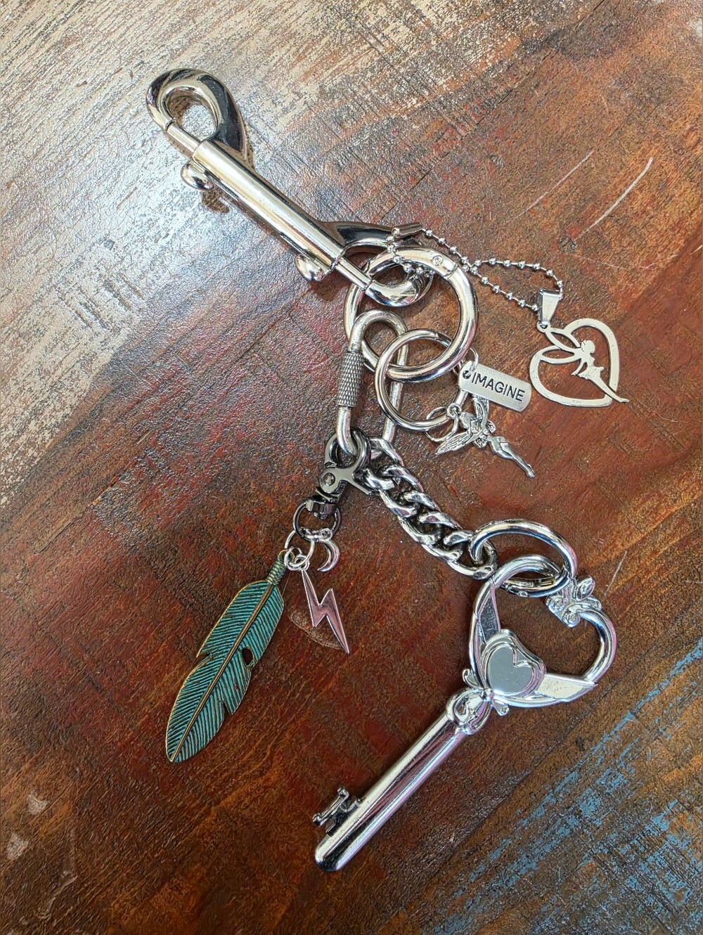 Silver Heart Imagine Key Fairy Magical Feather Cluster Charm Keychain Antique